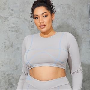 Plus Ash Grey Stitch Detail Long Sleeve Cropped Gym Top